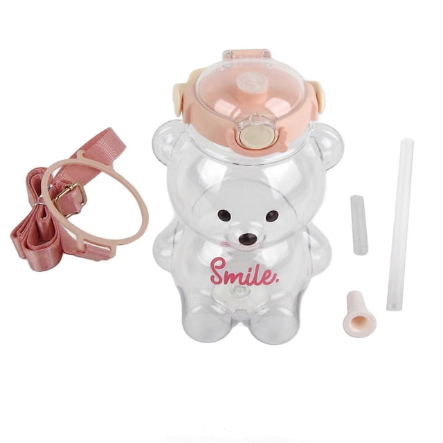 Kawaii Bear Straw Bottle Portable Cartoon Kids Water Bottle with Straw and Carrying Loop Adjustable Shoulder Strap for Outdoor Travel
