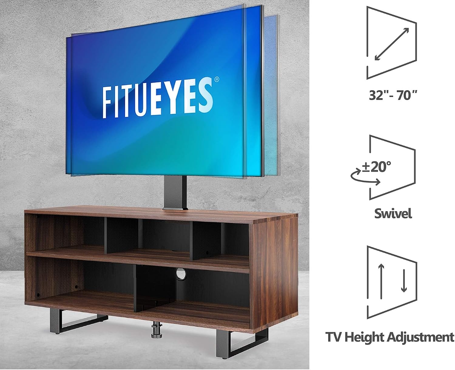 FITUEYES Floor TV Stand for 32–70 Inch TVs, Black, Swivel Mount