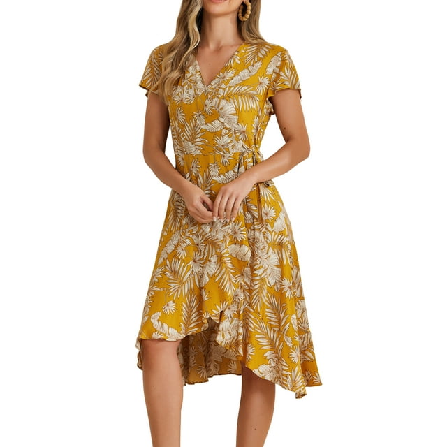 INSPIRE CHIC Women's Midi Wrap Fit and Flare Summer Tropical Floral Dress Yellow M