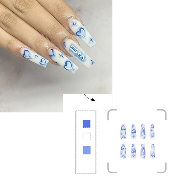 Dicasser Valentine's Day Press on nails Medium Length Fake Nails Acrylic  French Blue Heart Letter Exquisite Design Fashion Romantic Valentine's day  Nail Decoration for Nails for Women and Girls 24 PC -
