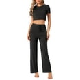 thumbnail image 2 of INSPIRE CHIC Women's Pajama Ribbed Knit 2 Piece Short Sleeve Crop Top with Pants Casual Outfits Lounge Sets XS Black, 2 of 5