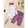 thumbnail image 2 of Bagilaanoe 3pcs Newborn Baby Girl Boy Pants Set Long Sleeve Romper Tops + Belted Trousers + Headband 3M 6M 9M 12M 18M Infant Casual Clothes, 2 of 9