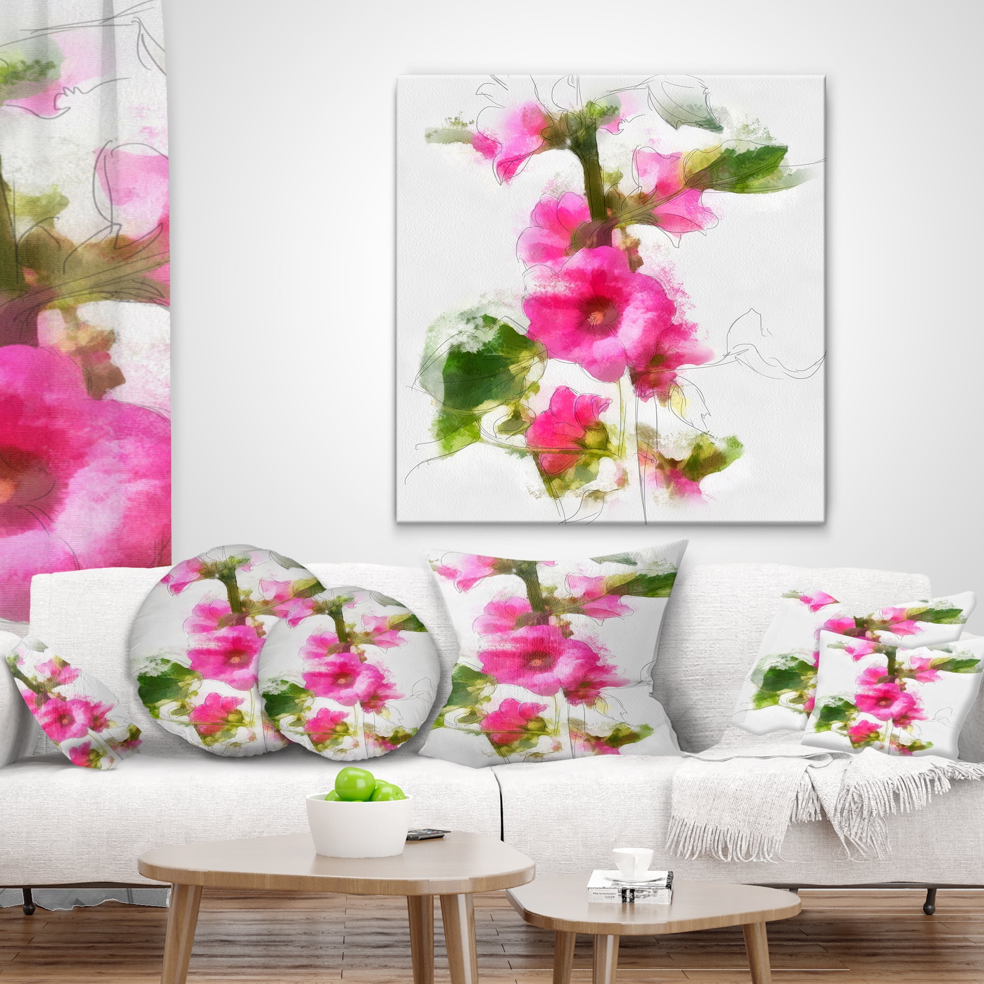 Designart Pink Flower with Stem and Leaves - Floral Throw Pillow - 12x20
