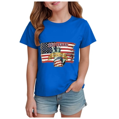 Nwiuh 4th of July Shirts for Girls Trendy Tops Crew Neck Cute Casual July 4th Tshirts Workout Outfits (Blue 13-14 Years)