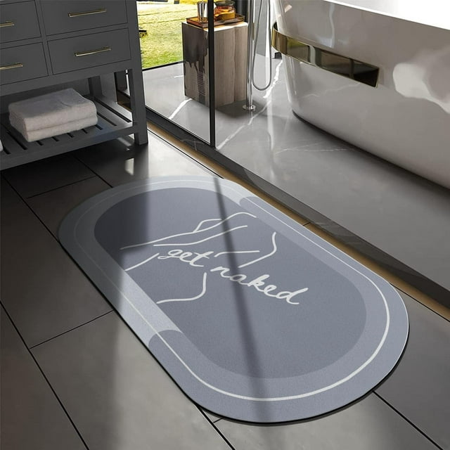 Funny Get Naked Bath Mat 20"x32" Super Water Absorbent Quick Dry Rubber Backed Washable Fun Bathroom Rugs Non Slip Bath Rugs Mats for Shower Oval Blue Bathroom Rug