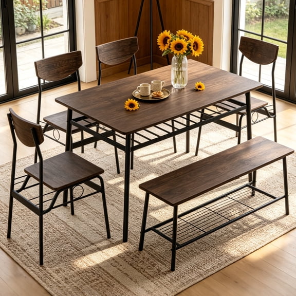 Zimtown 6-Piece Modern Dining Set for Home, Kitchen, Dining Room Table Set with Storage Racks, Rectangular Table, Bench, 4 Chairs, Steel Frame, Deep Elm Color