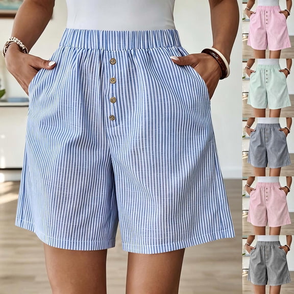YTCAMLO Striped Linen Shorts for Women, Summer Beach Casual Elastic Waist Wide Leg Shorts with Pockets, Soft Cotton Pj Bottoms