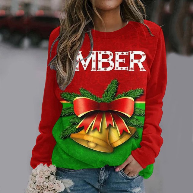 Pntutb Mujeres Camisas navideñas Impreso Manga larga Cuello redondo Sudadera ligera Pullover Gráfico Cómodo tops Pntutb Pntutb-87