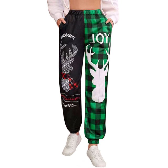 Pantalones de reno navideños para mujer Estampado a cuadros Cintura alta Algodón suave y agradable para la piel Pantalones navideños de poliéster para citas Navidad Verde L
