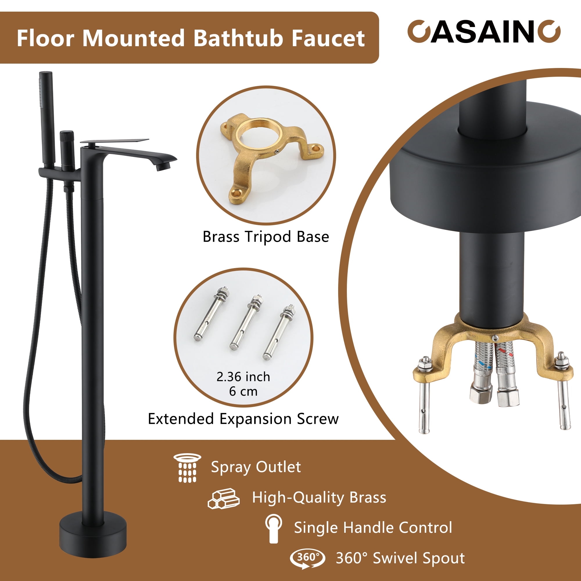 CASAINC Single-Handle Freestanding Floor Mount Tub Filler Faucet with Handheld Shower in Matte Black
