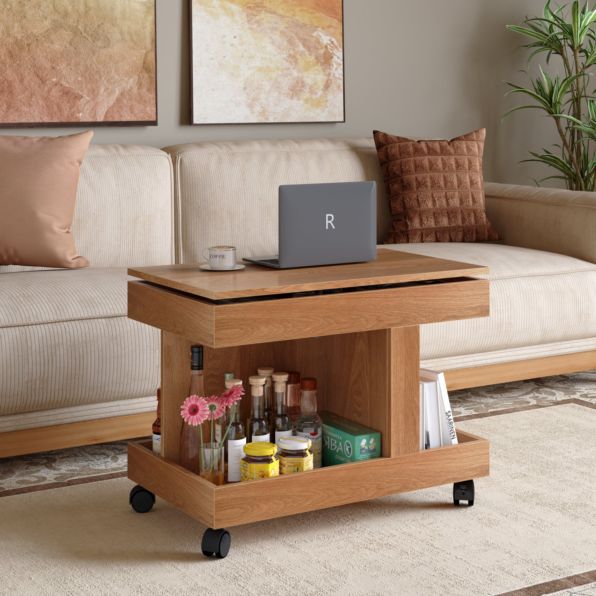 Small Coffee Table with Wheels, 360° Rotating Desktop Multi-Functional Side Table, Rolling End Table with Storage Compartment, Mobile Bedside Table for Living Room Bedroom Home Furniture, Natural