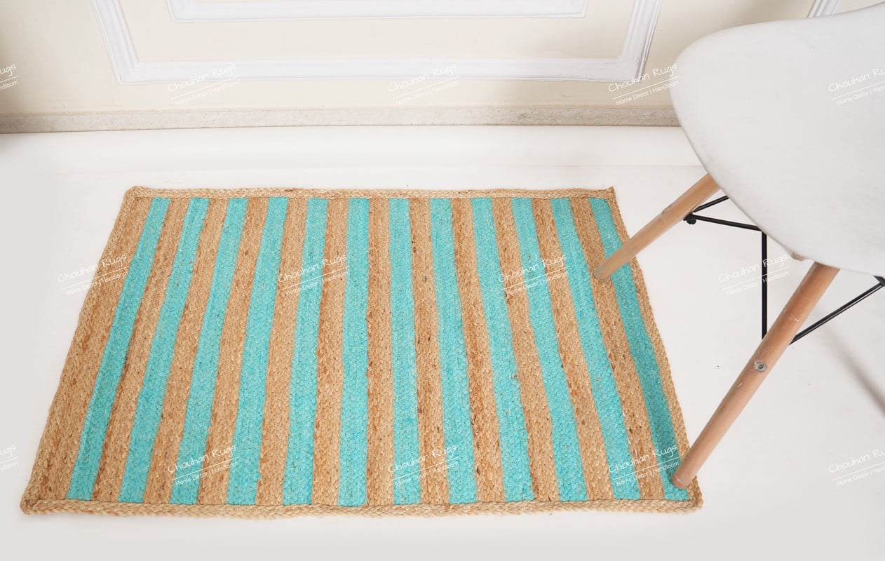 Rectangle Rug Natural Jute Rug Hand Braided Beige and Turquoise Color Area Rug