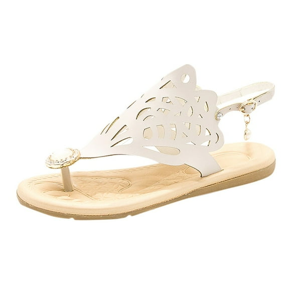 OAVQHLG3B Sandals for Women Under $10 Bohemian Shoes Female Summer Flat Casual Roman Shoes Pearl Hollow Beach Sandals