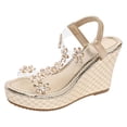 thumbnail image 4 of Rokment Glitter Flower Rhinestones Platform Wedges Dress Sandals for Women Bride Wedding 2026 Summer Delicate Clear Band Chunky High Heels Slingback Dressy Sandals Gold Size 6, 4 of 5
