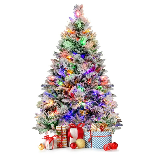Patiojoy 4.5 FT Pre-lit Artificial Christmas Tree, Snow-flocked Xmas Tree with 160 Multi-color LED Lights, 8 Lighting Modes