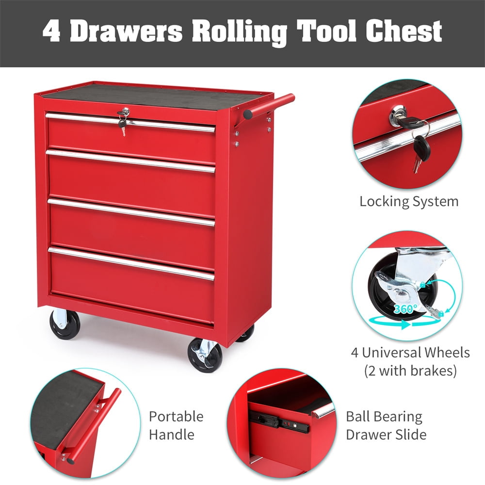 Tcbosik 4-Drawer Tool Chest with Wheels, Heavy Duty Rolling Tool Cabinet, Lockable Tool Organizer for Garage, Warehouse, Repair Shop, Red
