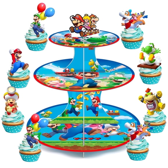 Superr Mariy Cupcake Stand, Superr Mariy Birthday Decorations 3-Tier Mario Bros Cupcake Stand with 12pcs Mario Cupcake Toppers for Superr Mariy Birthday Party Supplies for Boys Kids