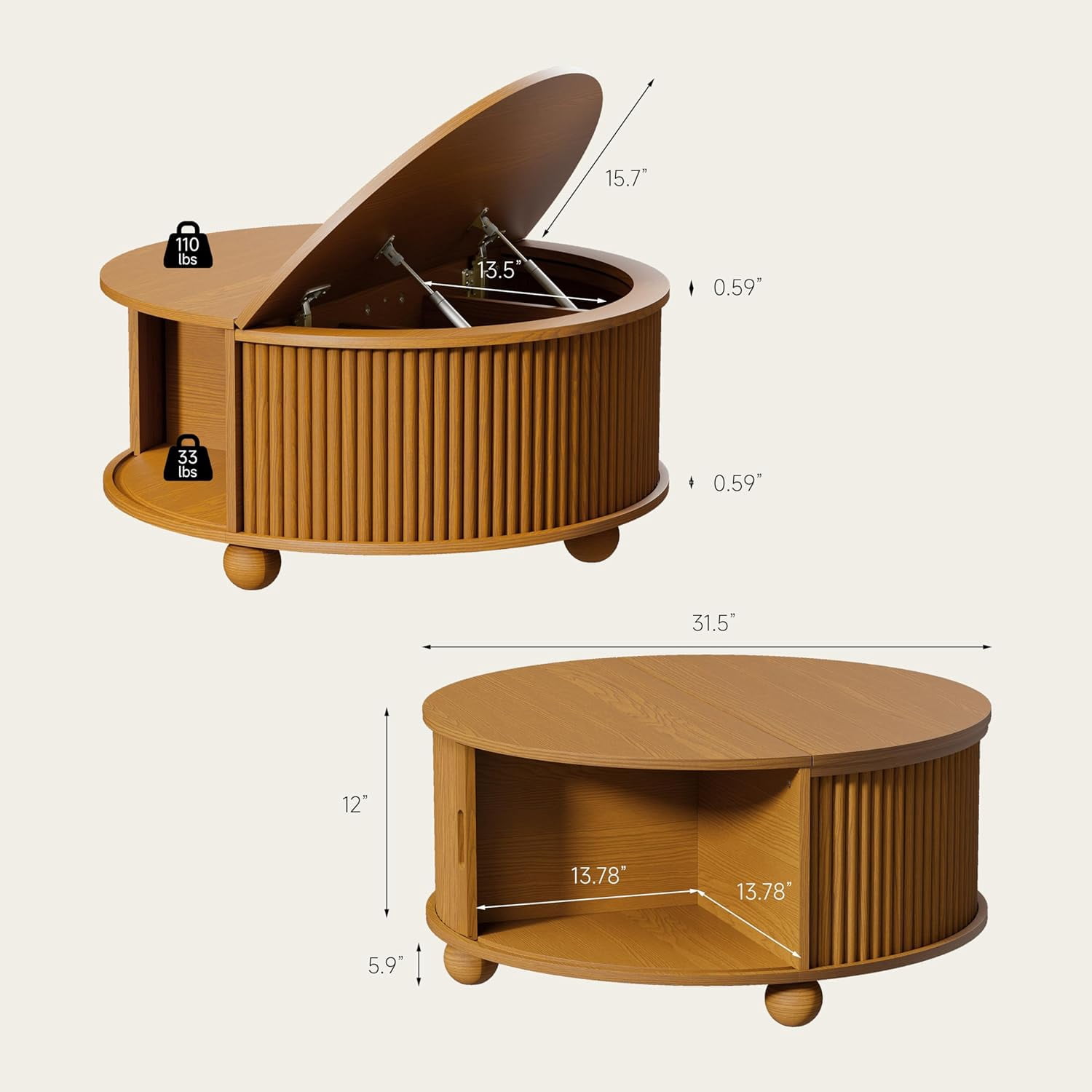 31.5" Round Coffee Table, Mid Century Modern Circle Drum Table with Sliding Door Storage, Yellow Oak