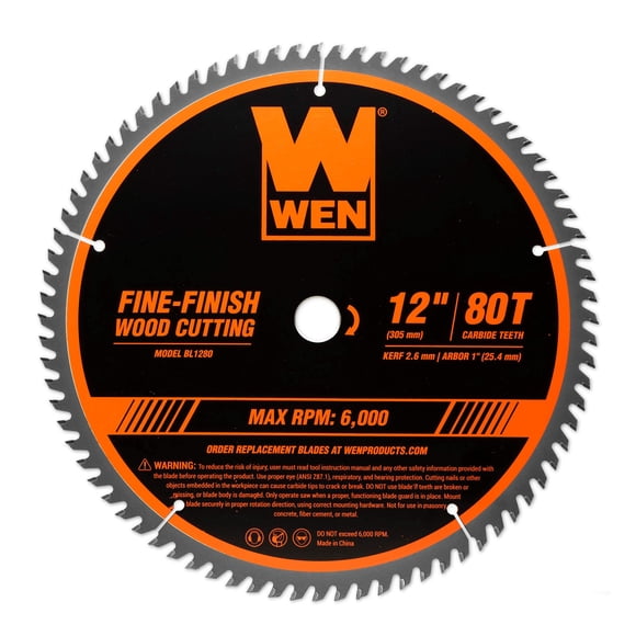 Wen BL1280 12-Inch 80-Tooth Fine-Finish Professional Woodworking Saw Blade for Miter Saws and Table Saws