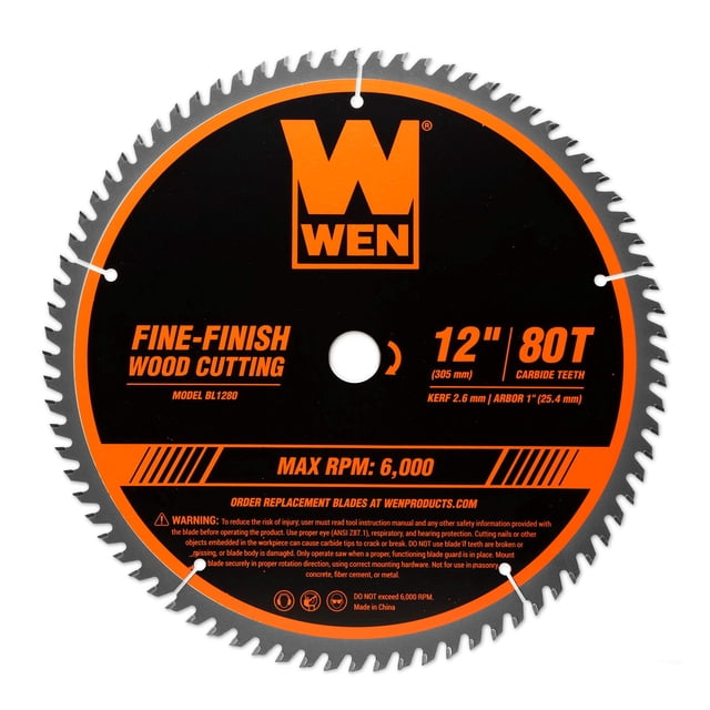 Wen BL1280 12-Inch 80-Tooth Fine-Finish Professional Woodworking Saw Blade for Miter Saws and Table Saws