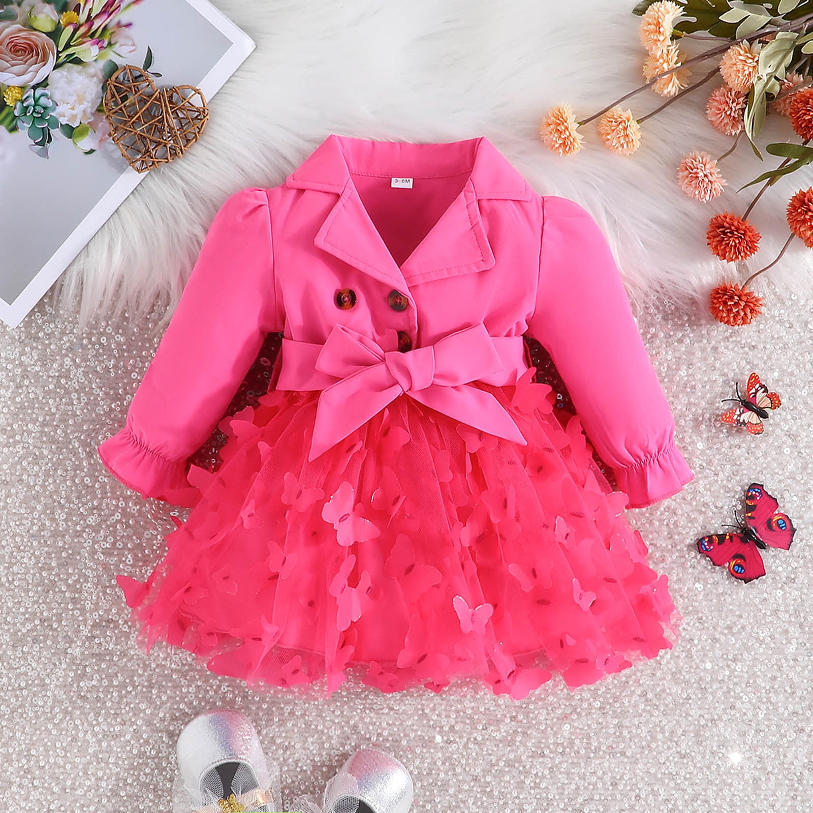 PEASKJP Little Girls Long Sleeve Dresses Basic Long Sleeve A Line Swing Skater Twirl School Party Dress Hot Pink 9M