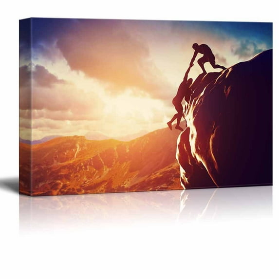 Canvas Prints Wall Art - Hikers Climbing on Rock Mountain at Sunset | Modern Home Deoration/Wall Decor Giclee Printing Wrapped Canvas Art Ready to Hang - 24" x 36"