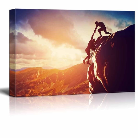 Canvas Prints Wall Art - Hikers Climbing on Rock Mountain at Sunset | Modern Home Deoration/Wall Decor Giclee Printing Wrapped Canvas Art Ready to Hang - 12" x 18"