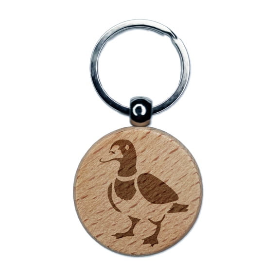 Standing Mallard Duck Round Keychain Charm Tag - Engraved Wood