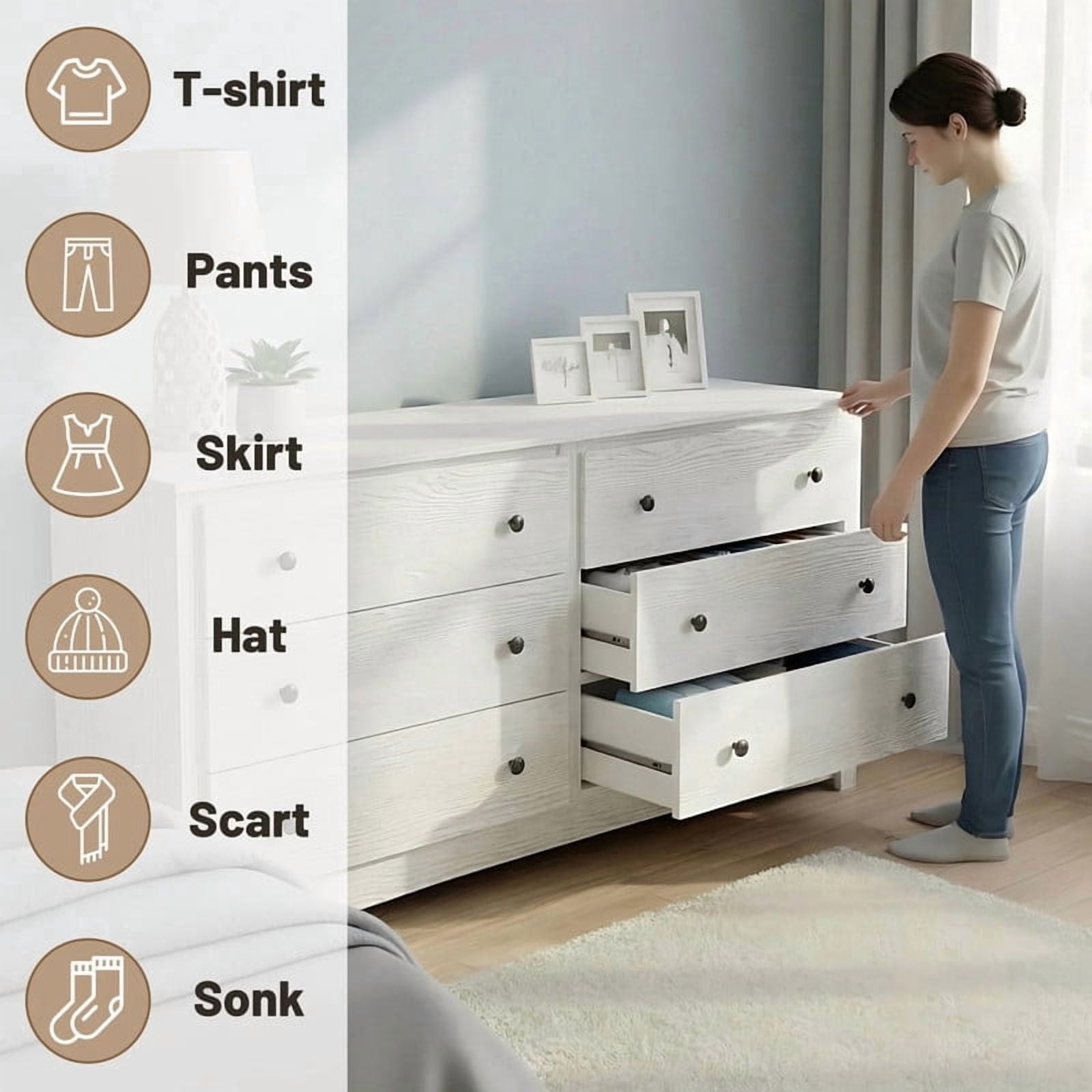 Kelno Wood 6 Drawer Dresser Chest of Drawers TV Stand with Organizer Cabinet, White
