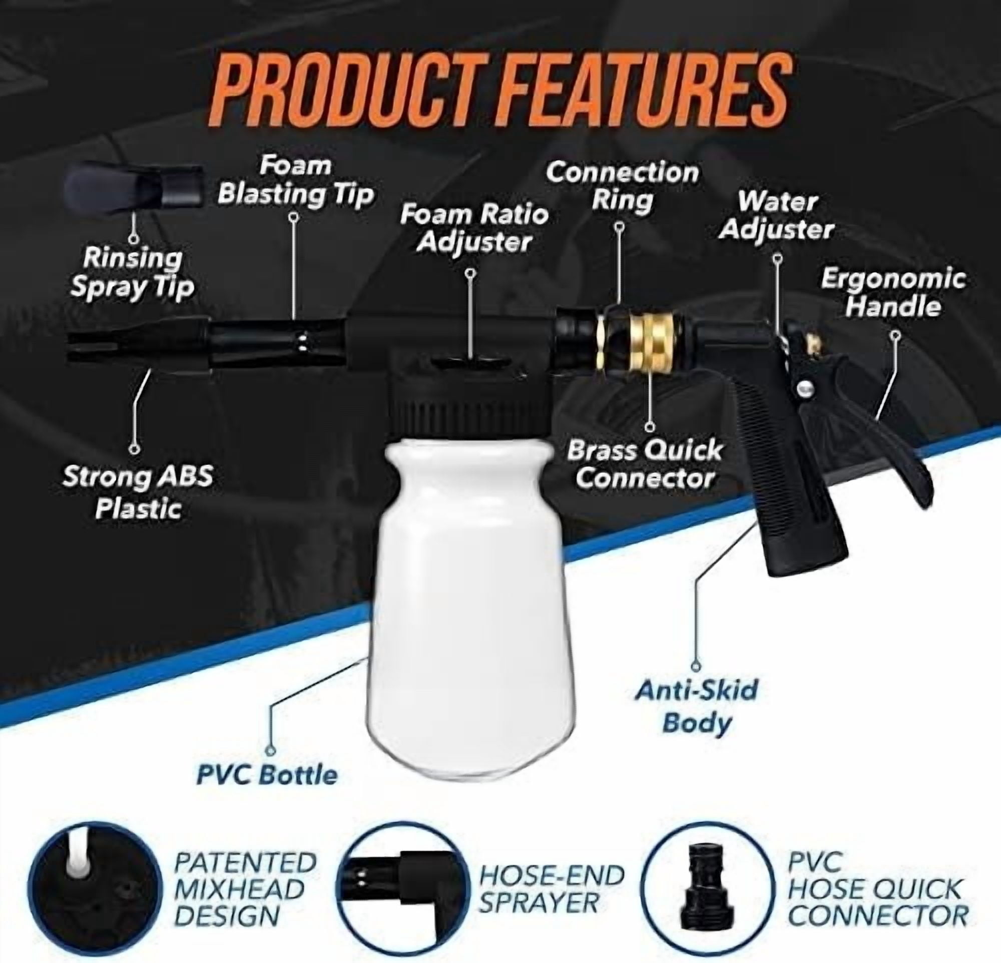 Car Wash Foam Gun + Microfiber Wash Mitt - Works with Any Soap - Garden Hose Car Foam Sprayer - Foam Cannon Car Wash Kit - Car Accessories Foam Blaster (Black Foam Gun with Mitt)