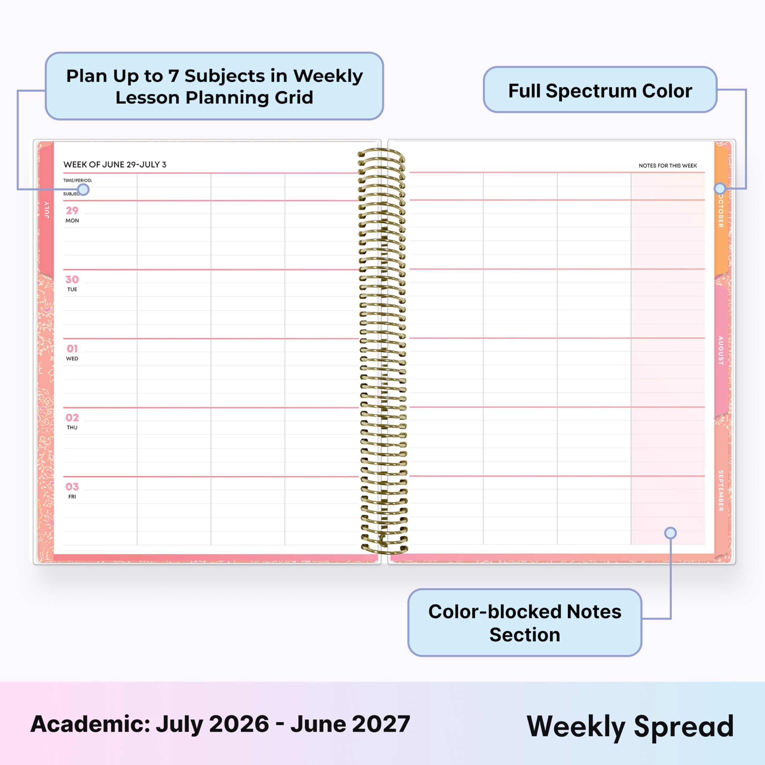 Blue Sky Teachwell 2026-2027 Weekly and Monthly Academic Year Teacher Lesson Planner Calendar, July 2026 - June 2027, 8.5" x 11",Colorful Interior, Storage Pocket, Stickers, Meilani
