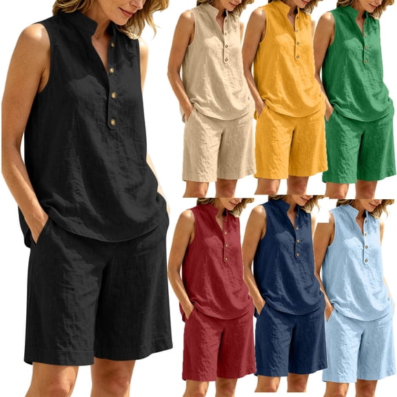 Nmnitkp Women Linen Look Matching Sets Stand Collar Half Button Sleeveless Top Pocket Bermuda Shorts Two Piece Outfits Coordinated Sets for Summer Beach Vacation Daily Travel Casual Lounge Wear