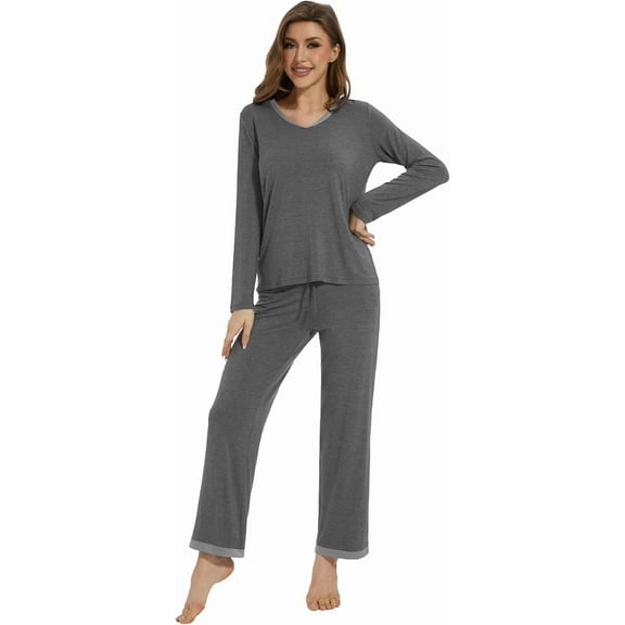 WiWi Women's Long Sleeve Pajamas Soft Sleepwear Set with Pocket Loungewear Satin Trim Lounge Pajama Sets S-XXL, Dark Heather Grey, Medium