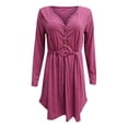 thumbnail image 3 of DPTALR Women Casual Solid Color V-Neck Long-Sleeved Button Belt Dress, 3 of 4