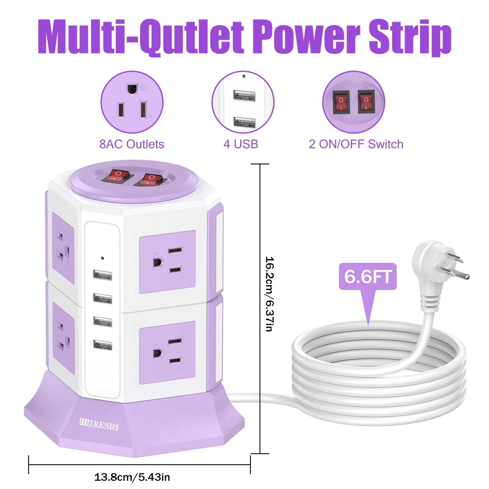 HITRENDS Surge Protector Power Strip Tower with 8 Outlet 4 USB Ports, 6.5ft Power Cord  Electric Charging Station, Purplish-white
