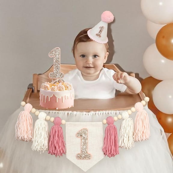 Pink Baby Girl 1st Birthday Highchair Banner Wood Bead Tassel Garland Cake Topper Party Decorations