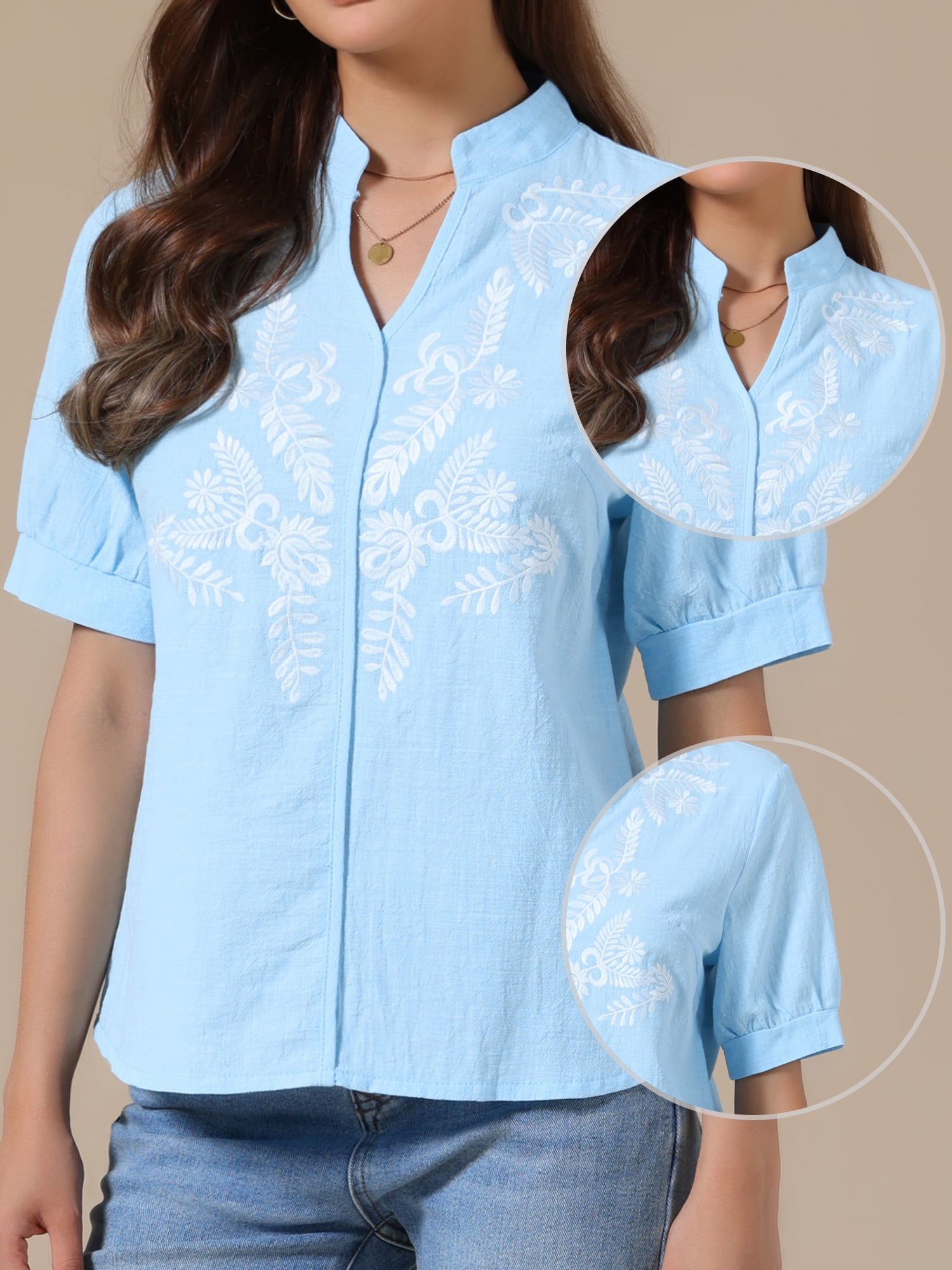 DARING DIVA Women's Cotton Floral V Neck Short Sleeve Embroidered Blouses Tunic 2XL Blue