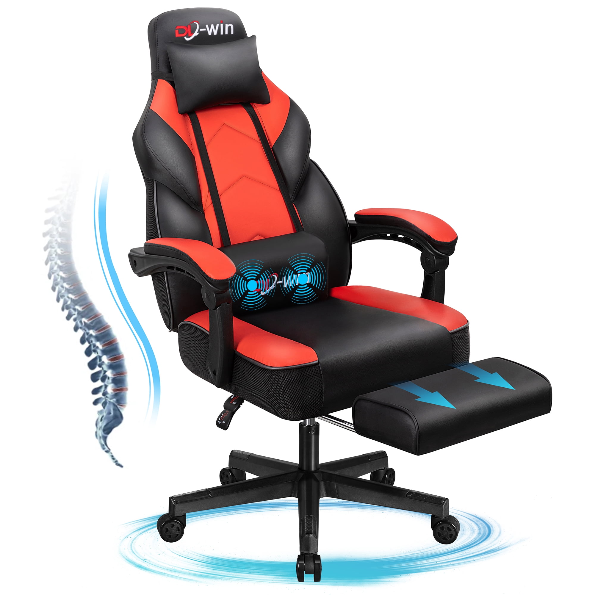 Walsunny Ergonomic Gaming Chair with Adjustable Footrest and Massage Leather Game Chair large gaming chair with Headrest and Lumbar Support for Adults, Red