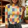 thumbnail image 4 of ASDFVBKG Women's Mock Turtleneck Long Sleeve T-Shirts Comfy Base Layer Tee Shirts Plaid Vintage Print Tunic Dressy Top Casual Slim Fit Lounge Clothes Multicolor S, 4 of 4