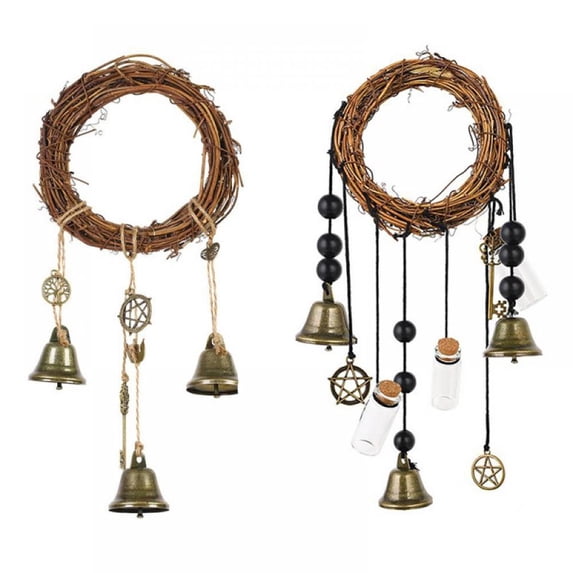 2Pcs Witch Bells Protection Door Hangers, Witch Wind Chimes Wreath, Handmade Hanging Wiccan Magic Wind Chimes for Home Doorknob Witchcraft Decorations