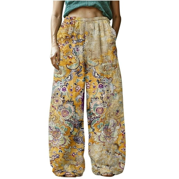 YABCSAZ Women's Linen Pants Casual Pants Loose Plus Size Boho Pants Retro Printed Drawstring Elastic Waist Lounge Long Trousers Soft Comfortable Capri Pants Baggy Wide Leg Pants for Women