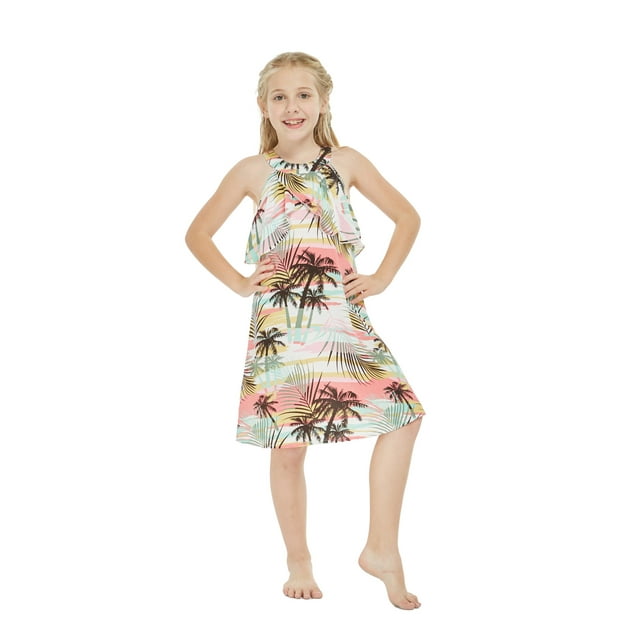 Robe Hawaïenne à Col Rond avec Volants pour Fille au Coucher du Soleil Néon