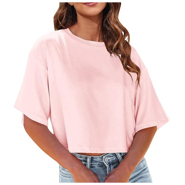 Women's Crew Neck Cropped Short Sleeve T-Shirts - Loose Shoulder Design, Soft Cotton Blend, Versatile for Daily Wear, Multiple Sizes