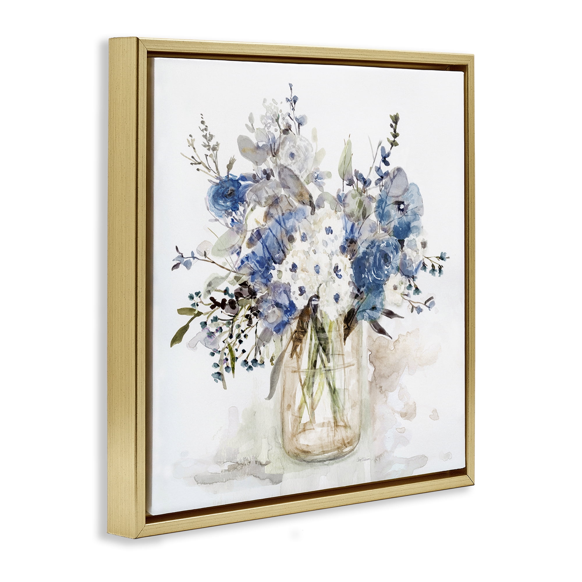 Stupell Industries Blue & White Spring Flowers Gold Framed Floater Canvas Wall Art, design by Carol Robinson