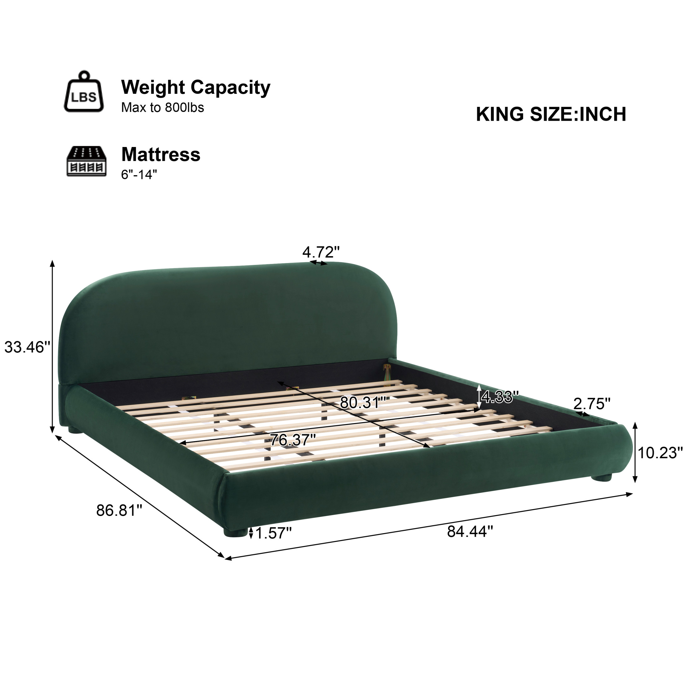 Christopher Knight Home Simple Modern King Size Bed Frame with Curved Headboard, Green Upholstered Velvet