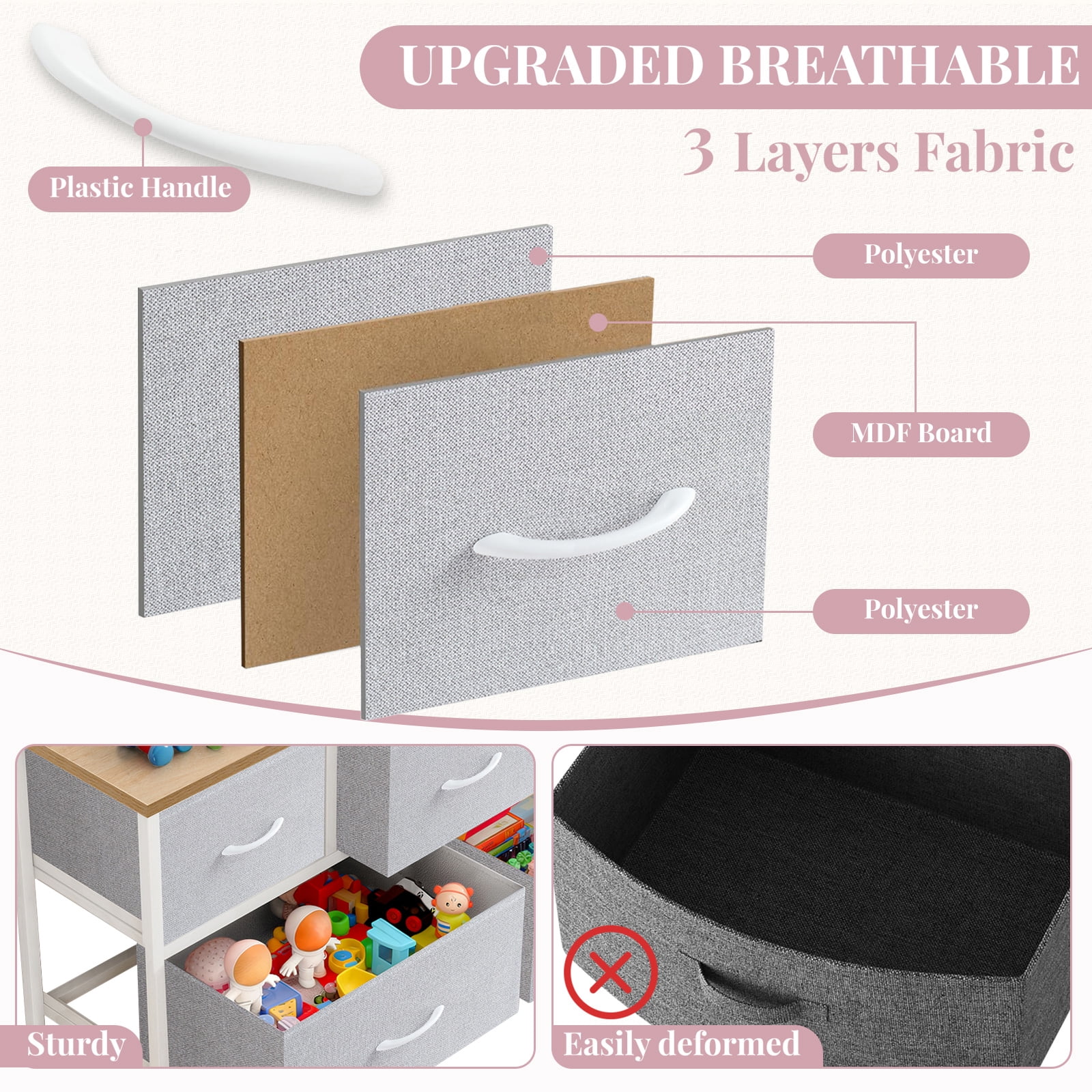 Dresser, Betcozy Storage Organizer with 5 Drawers for Bedroom, Chest of Drawers with Fabric Bins, Sturdy Metal Frame, Wood Tabletop, Light Gray