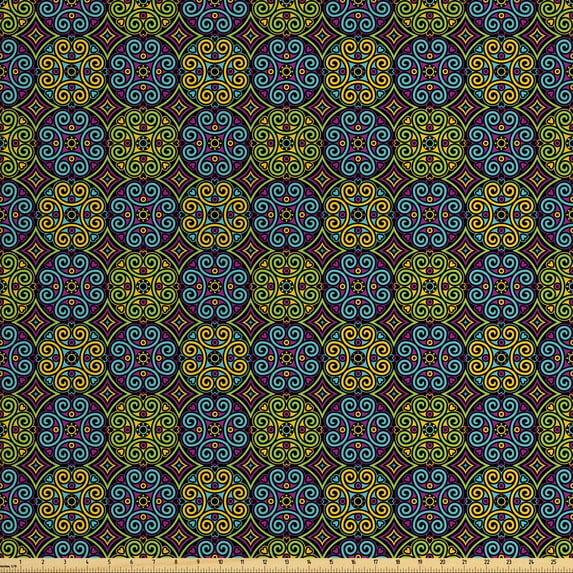 Ethnic Fabric by the Yard, Pattern with Funny Oriental Geometric Grid Inspired Elements Classic Shapes, Decorative Upholstery Fabric for Sofas and Home Accents, Multicolor by Ambesonne