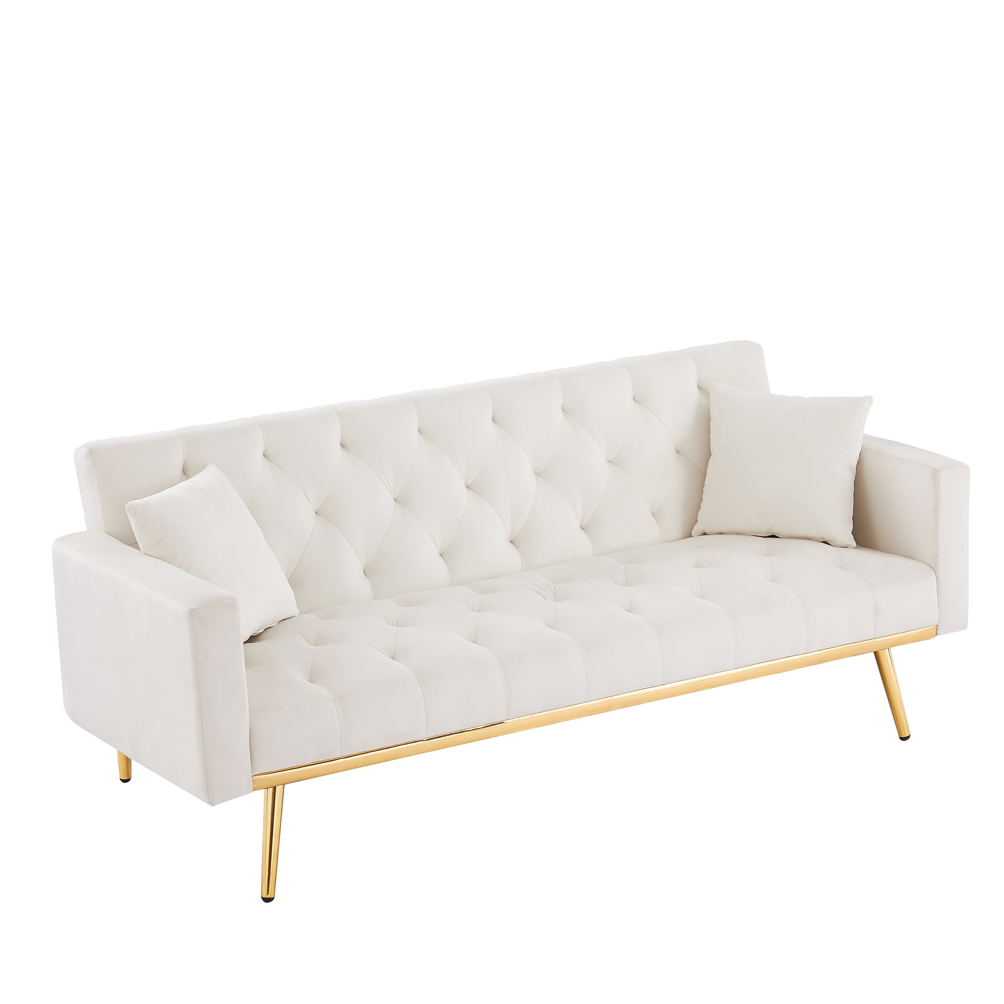 Kadyn Velvet Upholstered Sofa, Modern Convertible Folding Futon Sofa Bed for Apartment, Living Room Sofa with 2 Throw Pillows, White