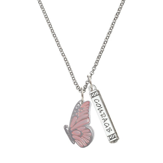 Delight Jewelry Silvertone Large Translucent Pink Flying Butterfly Silvertone Courage Strength Wisdom Honesty Bar Charm Necklace, 23"