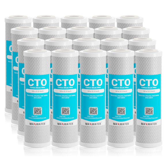 Max Water Cartouche de Filtre de Remplacement 10 Pouces x 2,5 Pouces, 5 Microns CTO Osmose Inverse (Lot de 20)
